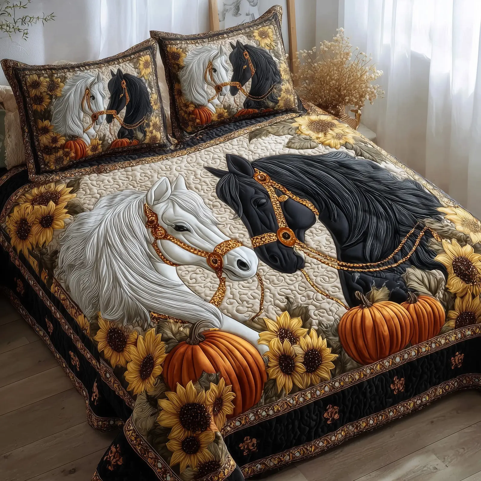 Autumn Pasture Gallop Quilted Bedding Set Bedspread Gifts For Horse Racing Fans