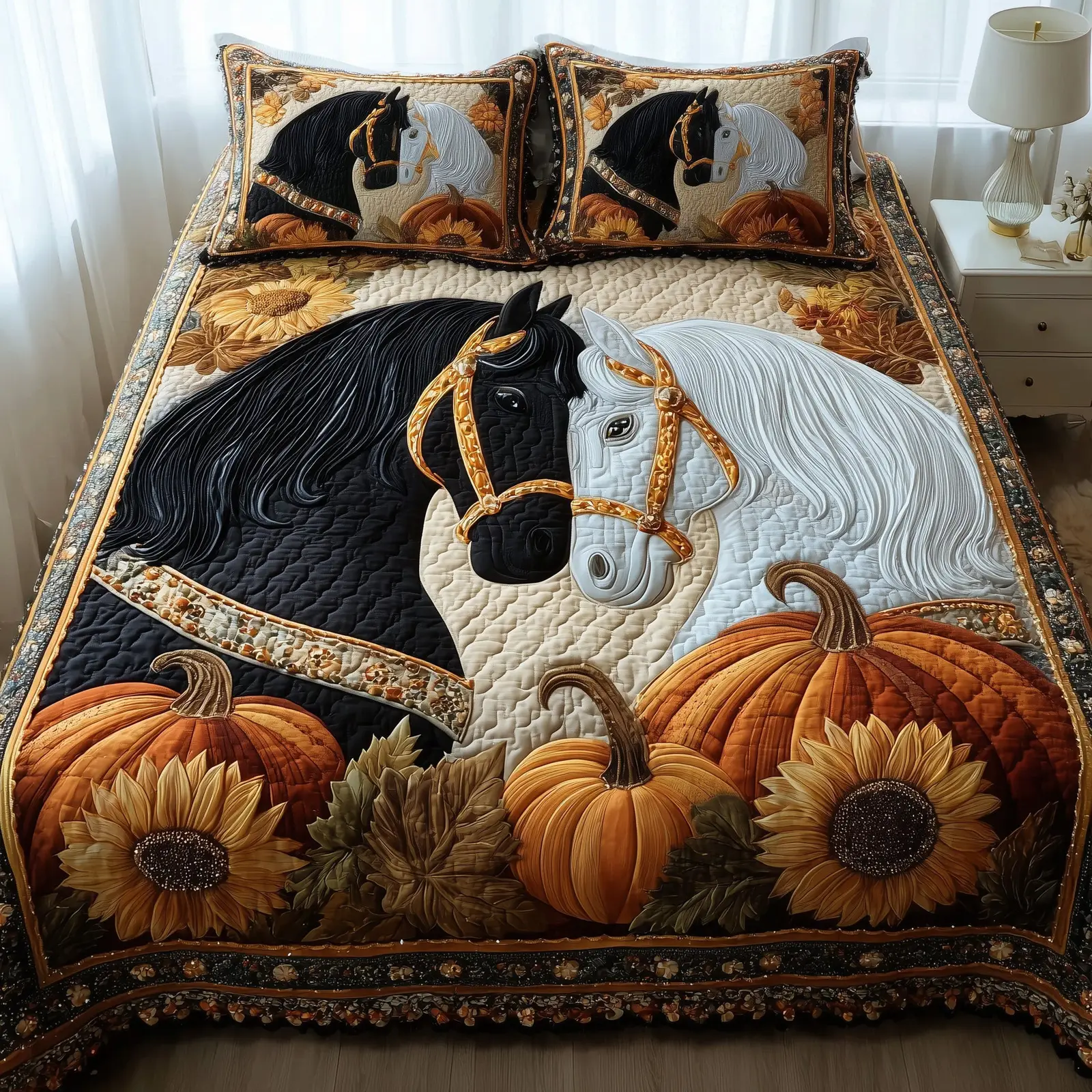 Autumn Pasture Gallop Quilted Bedding Set Duvet Cover Gifts For Horse Racing Lovers
