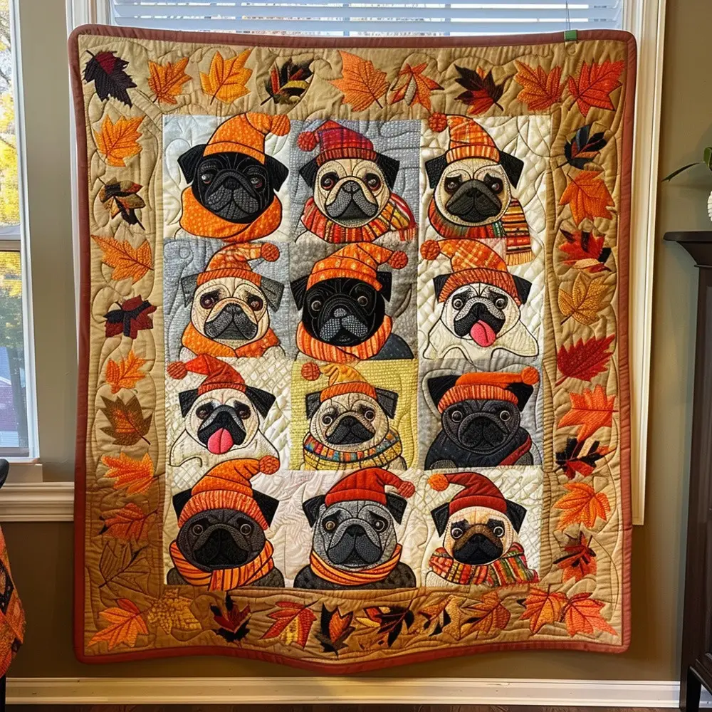 Autumn Pug Collection Quilted Blanket Fall Dog Lover Cozy Bedding Warm Throw Best Gift Pug Fans Autumn Pug Collection Quilted Blanket Fall Dog Lover Cozy Bedding Warm Throw Best Gift Pug Fans - Image 1