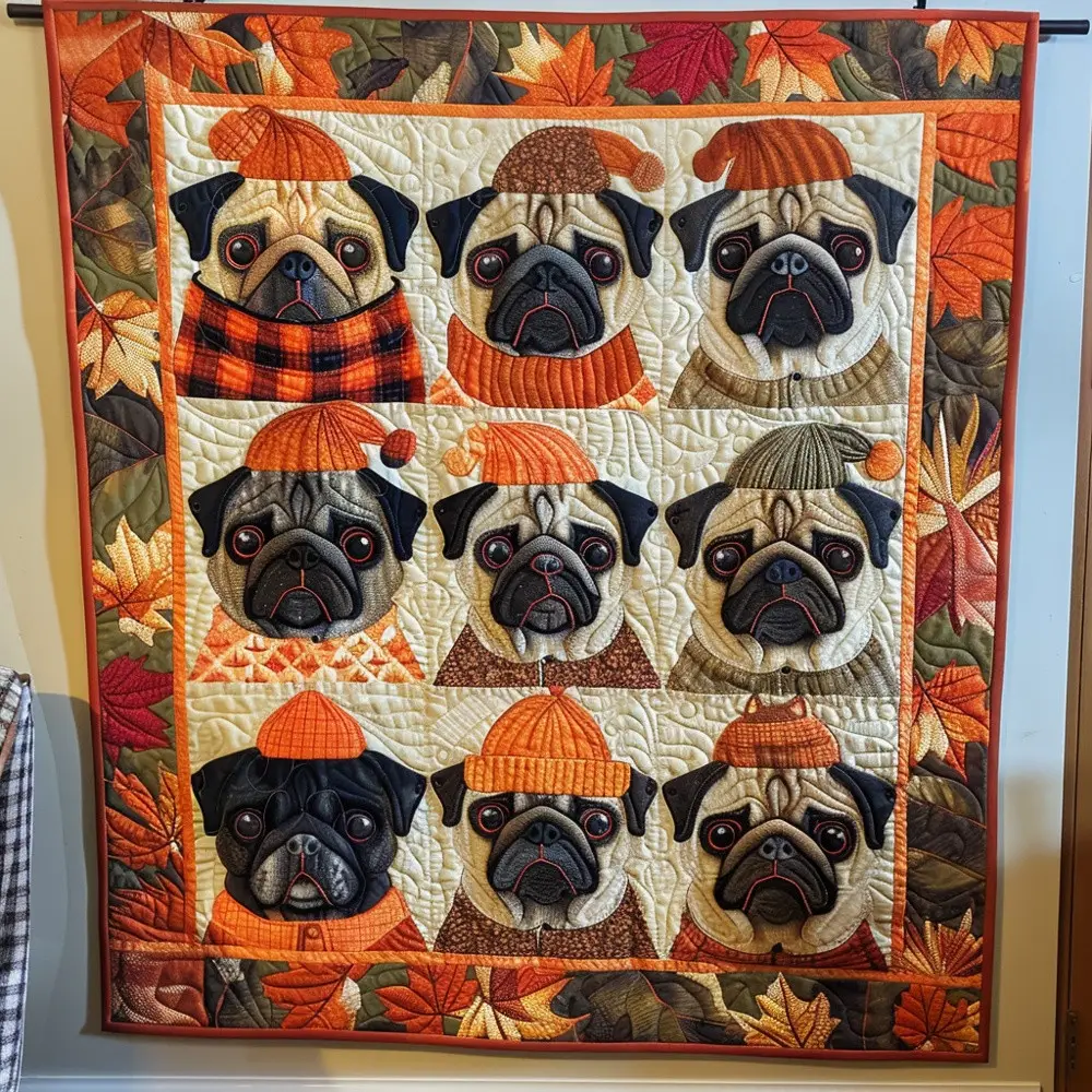 Autumn Pugs Quilted Blanket Fall Pug Lover Art Cozy Bedding Warm Throw Best Gift For Pug Owners