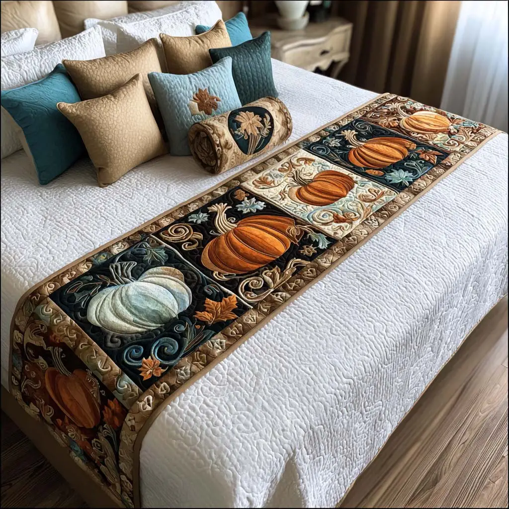 Autumn Pumpkin Parade Quilted Bed Runner Pumpkin Parade Display Fall Gift for Aunt