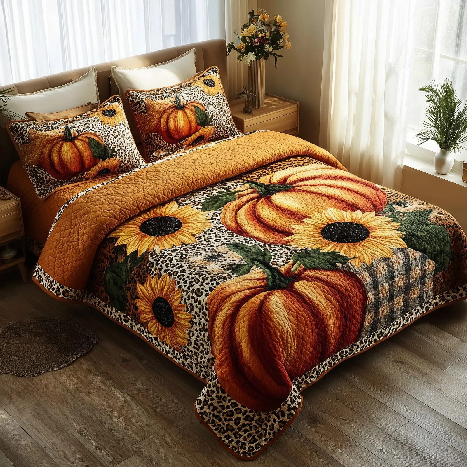 Autumn Pumpkin Quilted Bedding Set Bed Decor Autumn Farming Gifts For Him
