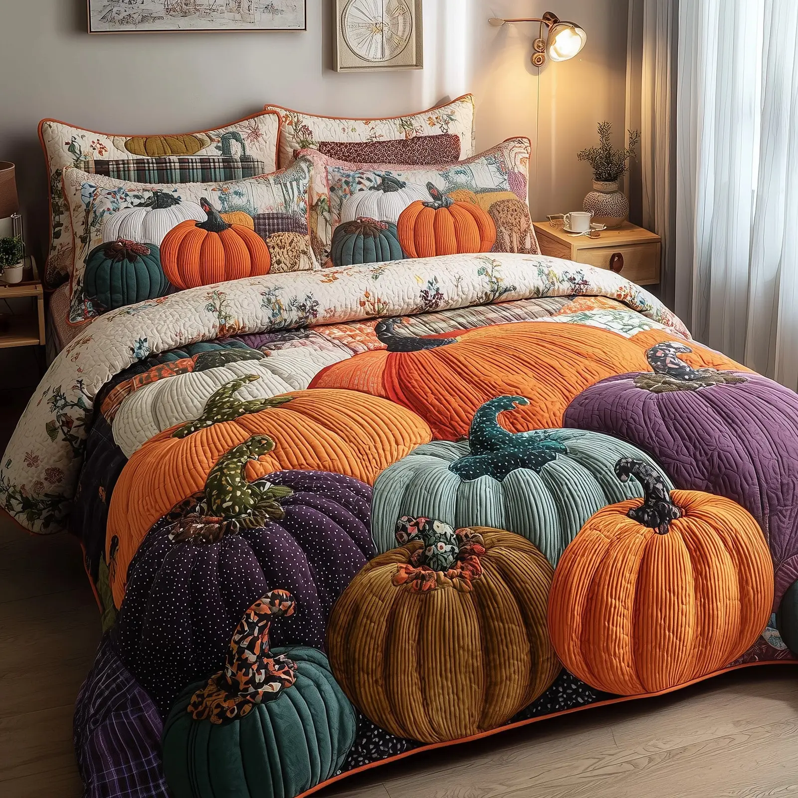 Autumn Pumpkin Quilted Bedding Set Bedroom Decor Autumn Farming Gifts For Him