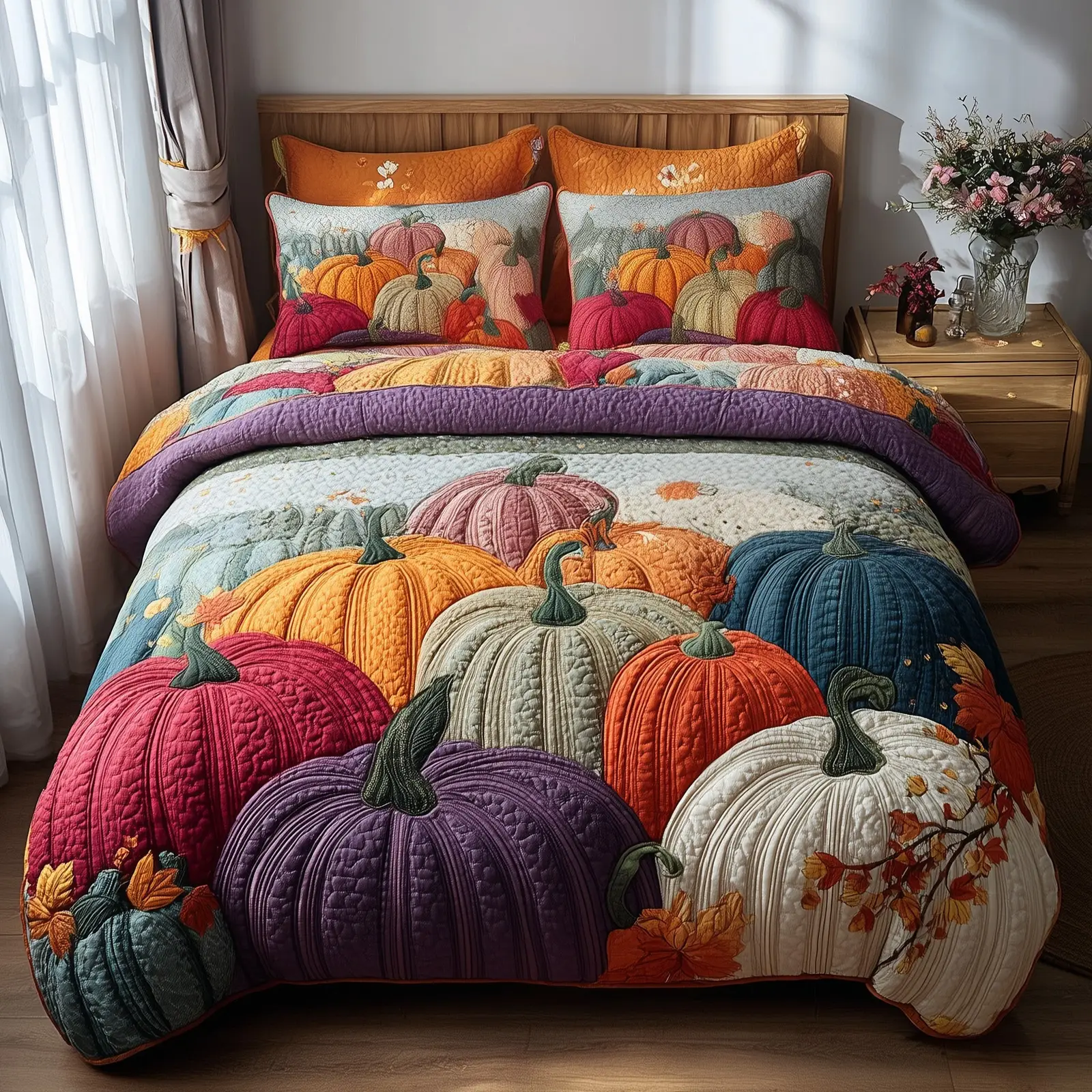Autumn Pumpkin Quilted Bedding Set Bedroom Decor Autumn Gifts For Farmer Dad