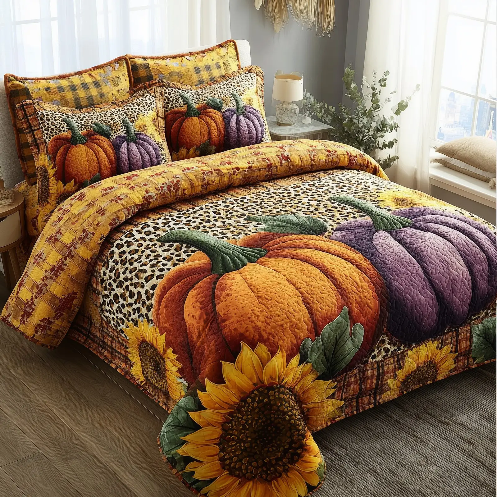 Autumn Pumpkin Quilted Bedding Set Bedroom Decoration Autumn Best Presents For Farmers