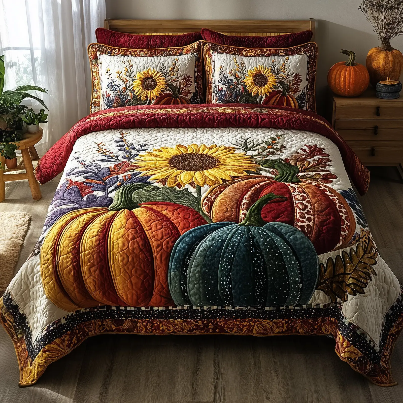 Autumn Pumpkin Quilted Bedding Set Bedroom Decoration Autumn Farming Gifts For Her