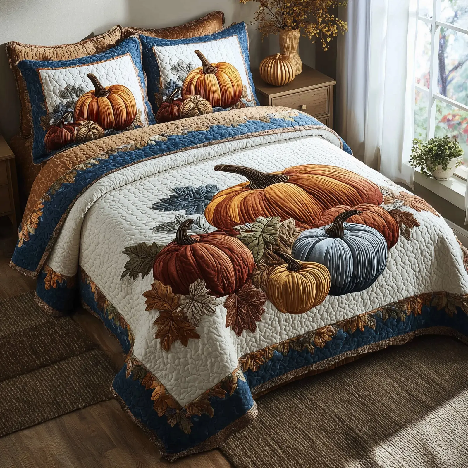 Autumn Pumpkin Quilted Bedding Set Bedspread Autumn Farmer Fathers Day Gifts