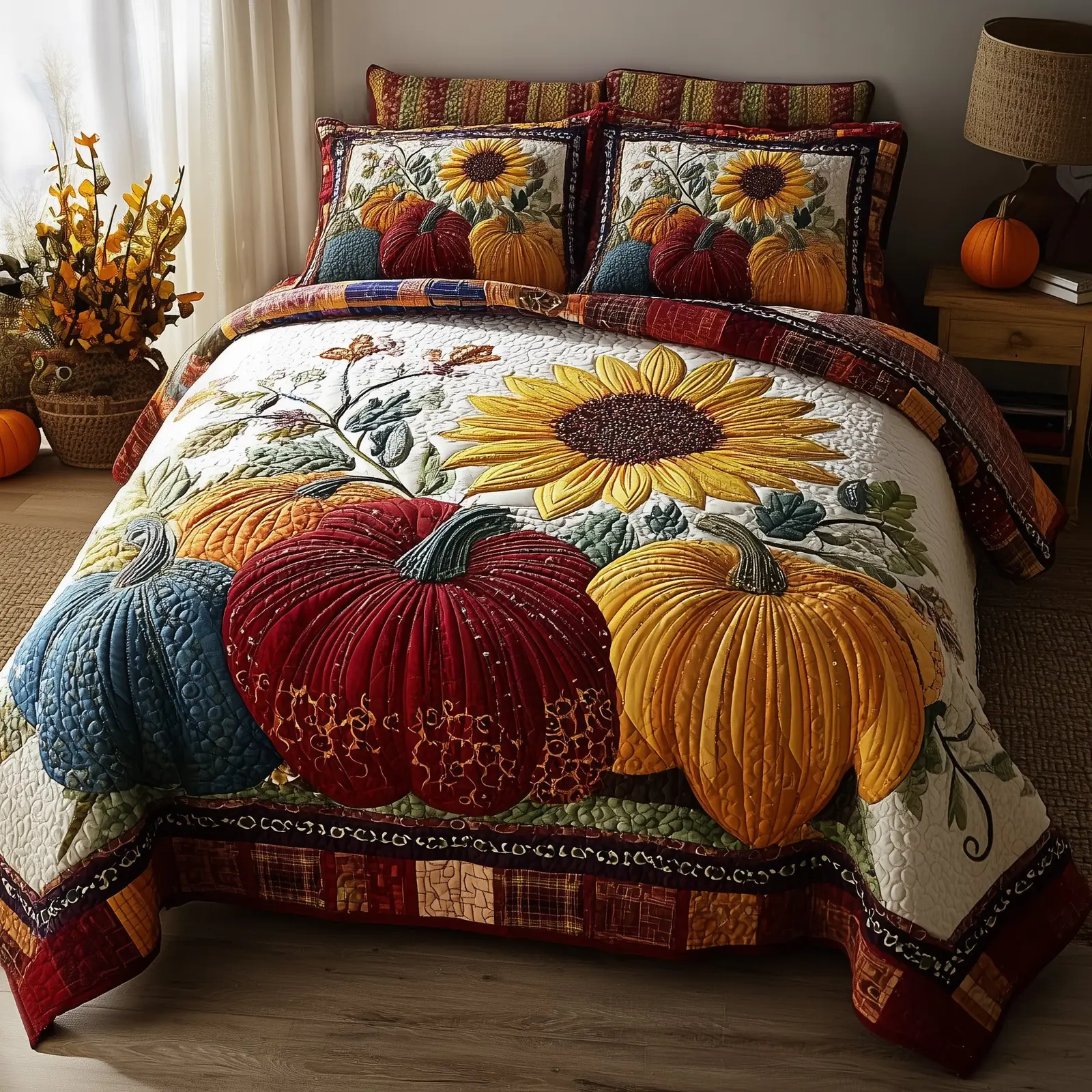Autumn Pumpkin Quilted Bedding Set Decoration Autumn Gift Ideas For Farm Dad