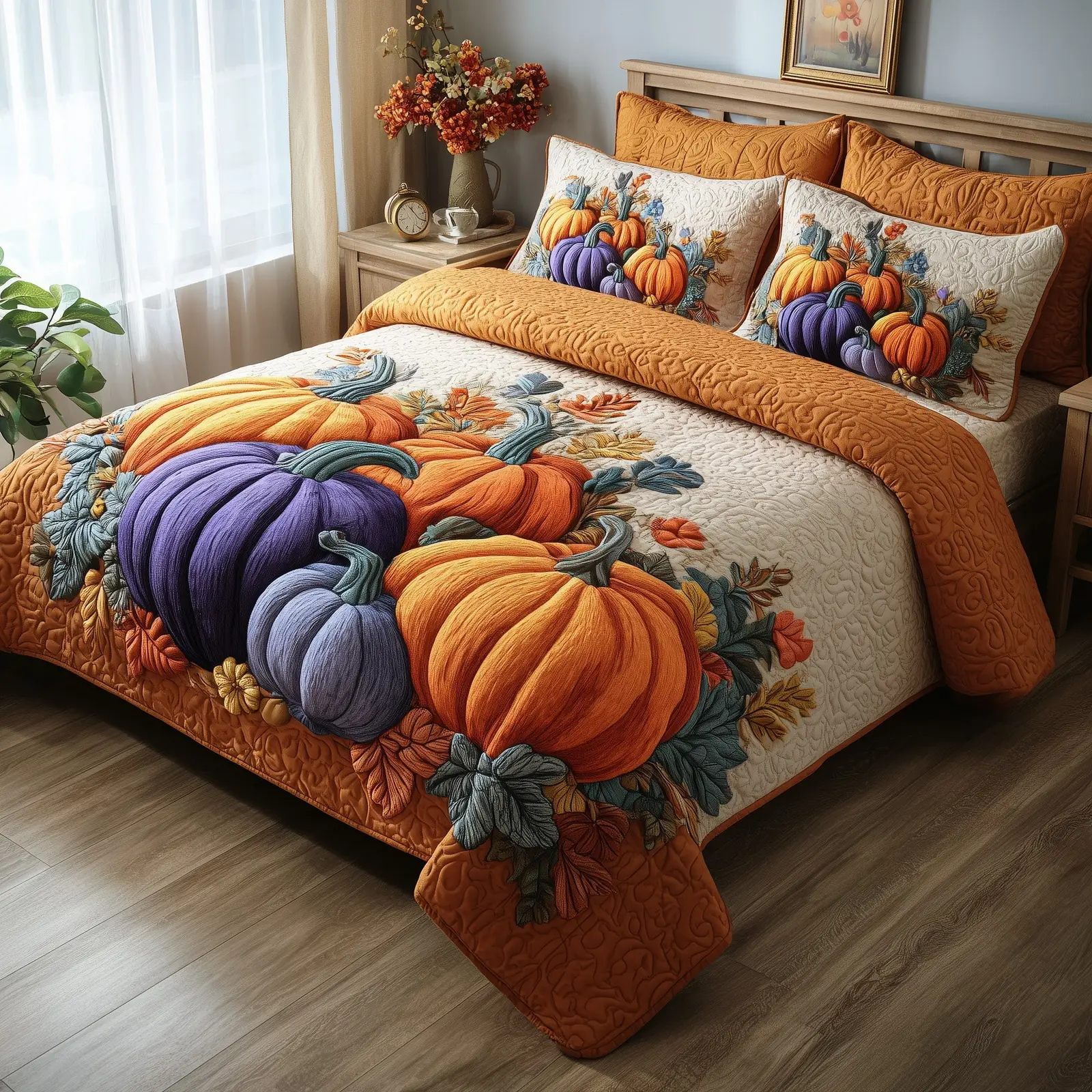 Autumn Pumpkin Quilted Bedding Set Duvet Bed Set Autumn Gifts For Friends