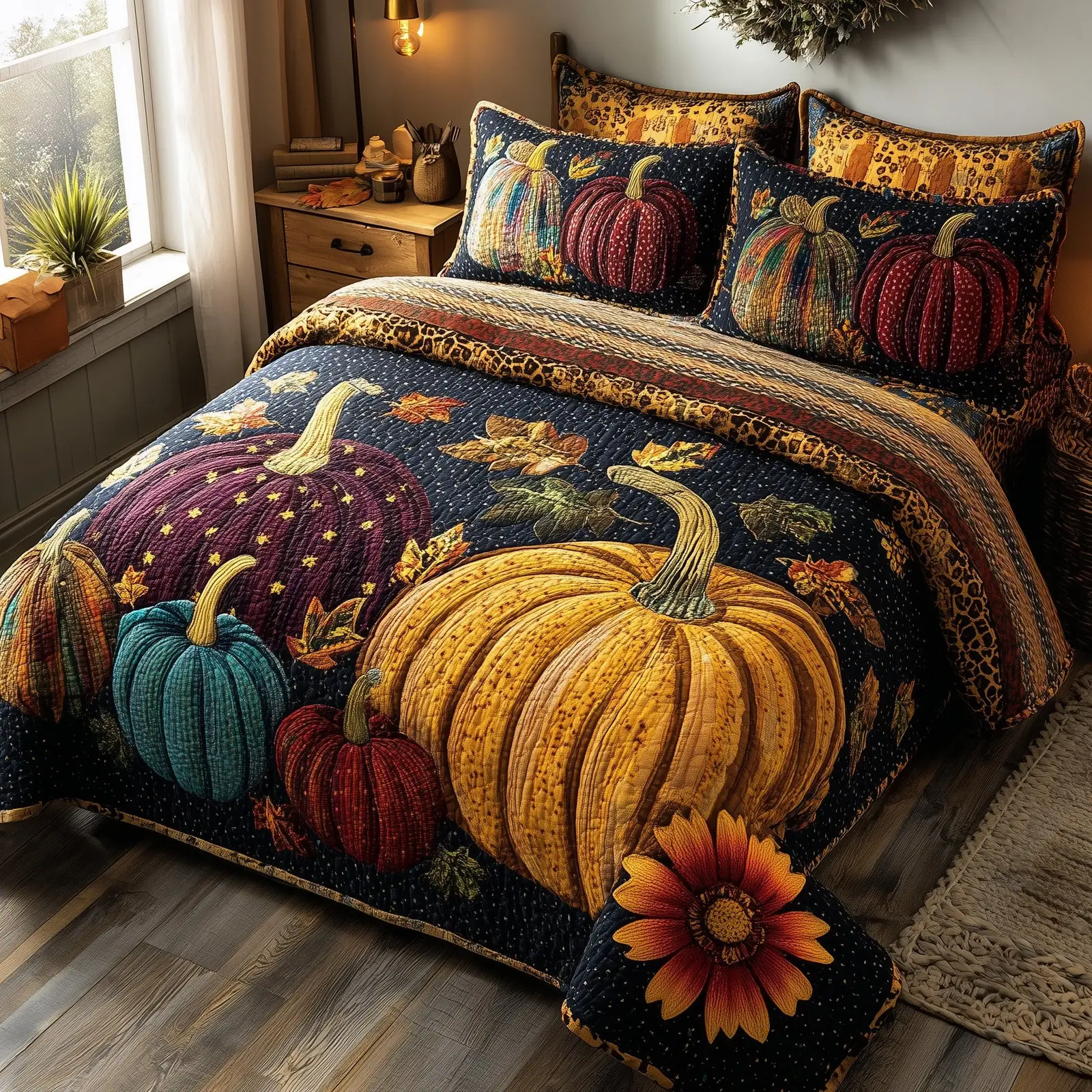 Autumn Pumpkin Quilted Bedding Set Duvet Bed Set Autumn Great Gifts For A Farmer