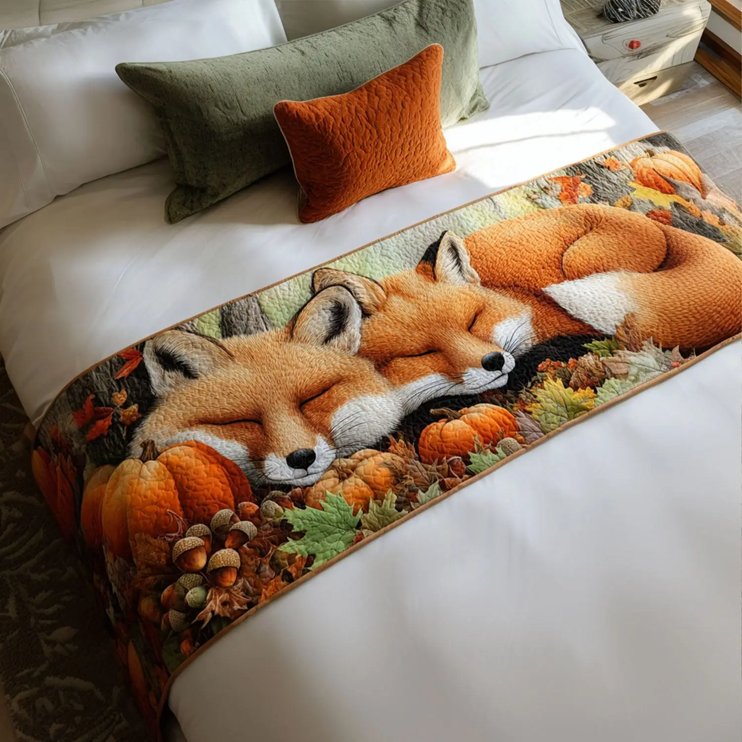 Autumn Tails Quilted Bed Runner Autumn Tails Illustration Seasonal Gift