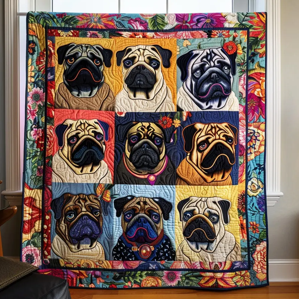 Baby Pugs Quilted Blanket Pug Dog Lover Art Cozy Bedding Warm Throw Best Gift Pug Dog Owners