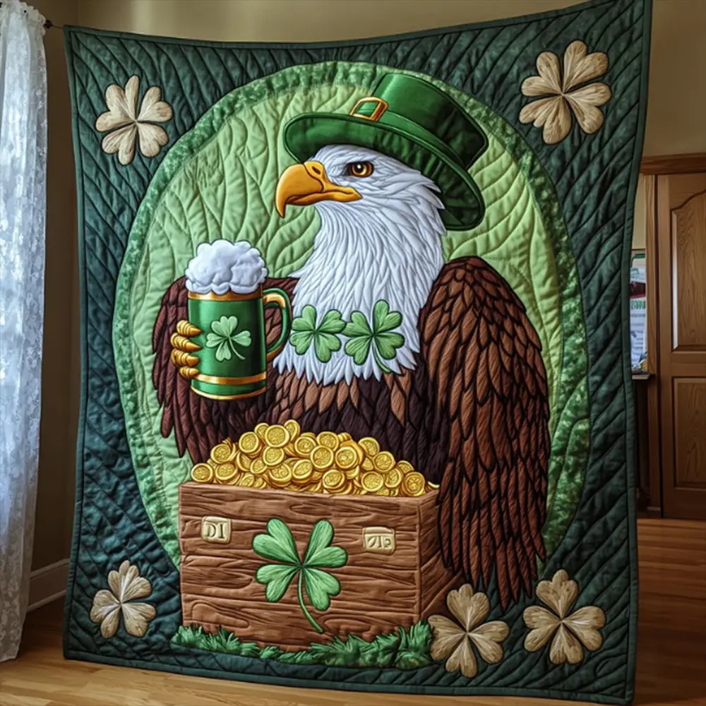 Bald Eagle And Beer Shamrock Quilt Blanket St Patrick's Day Blanket Gift For Irish