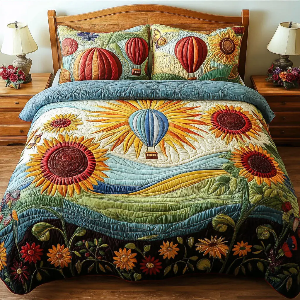 Balloon Bloom Bliss Quilted Bedding Set Best Bedspread Set Sky Air Balloon Theme Items