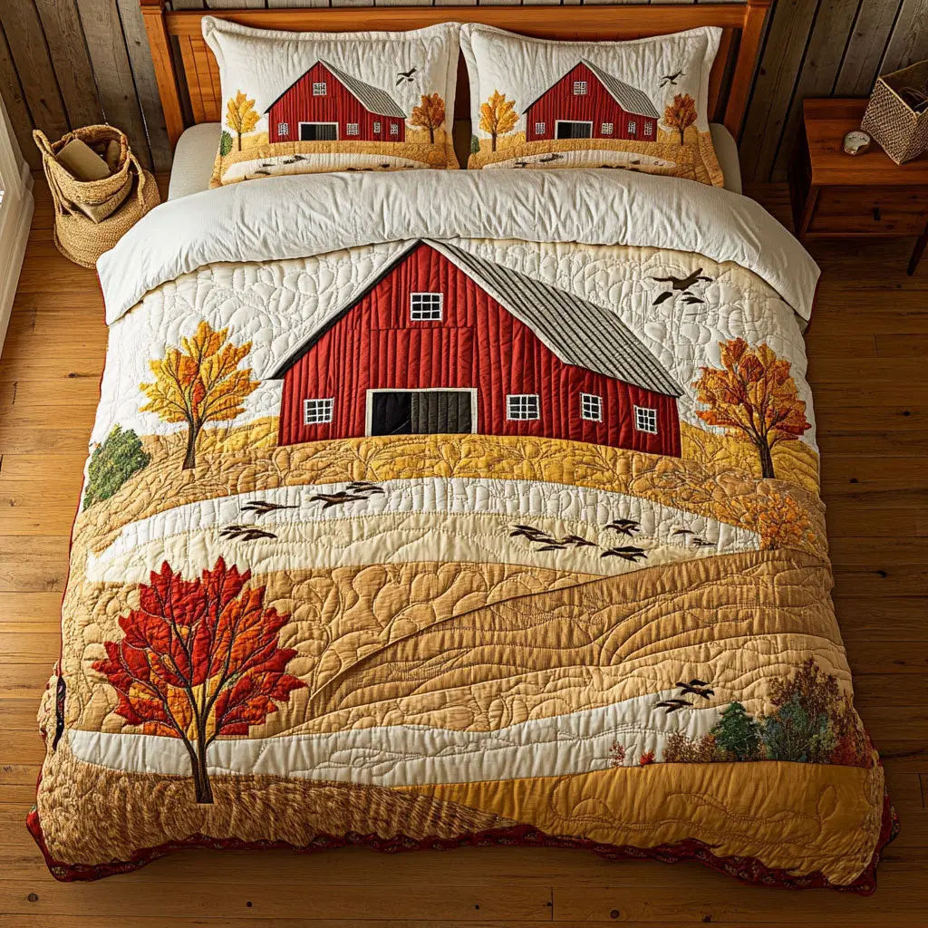 Barn Horizon Quilted Bedding Set Duvet Cover Bedspread Autumn Themed Gifts