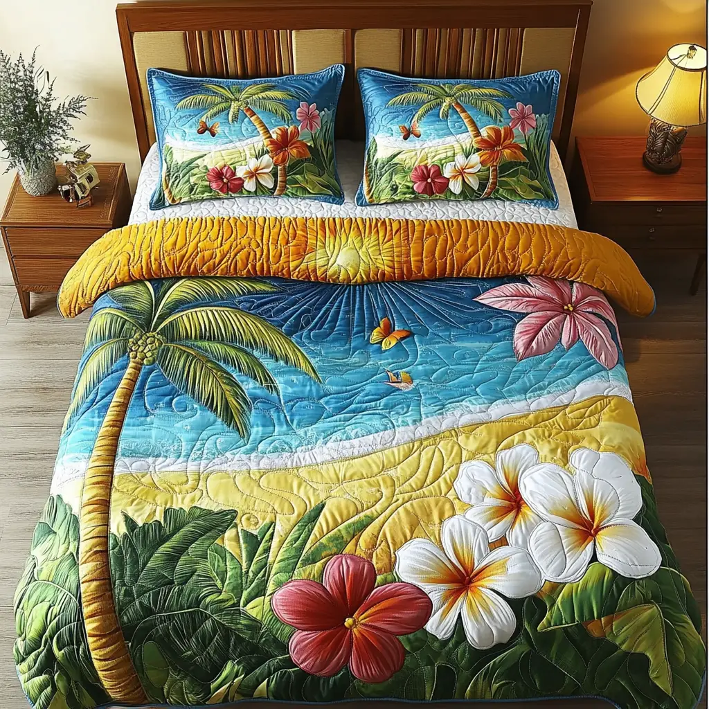 Beach Blossom Quilted Bedding Set Perfect Bedding Gift Set for Family and Friends