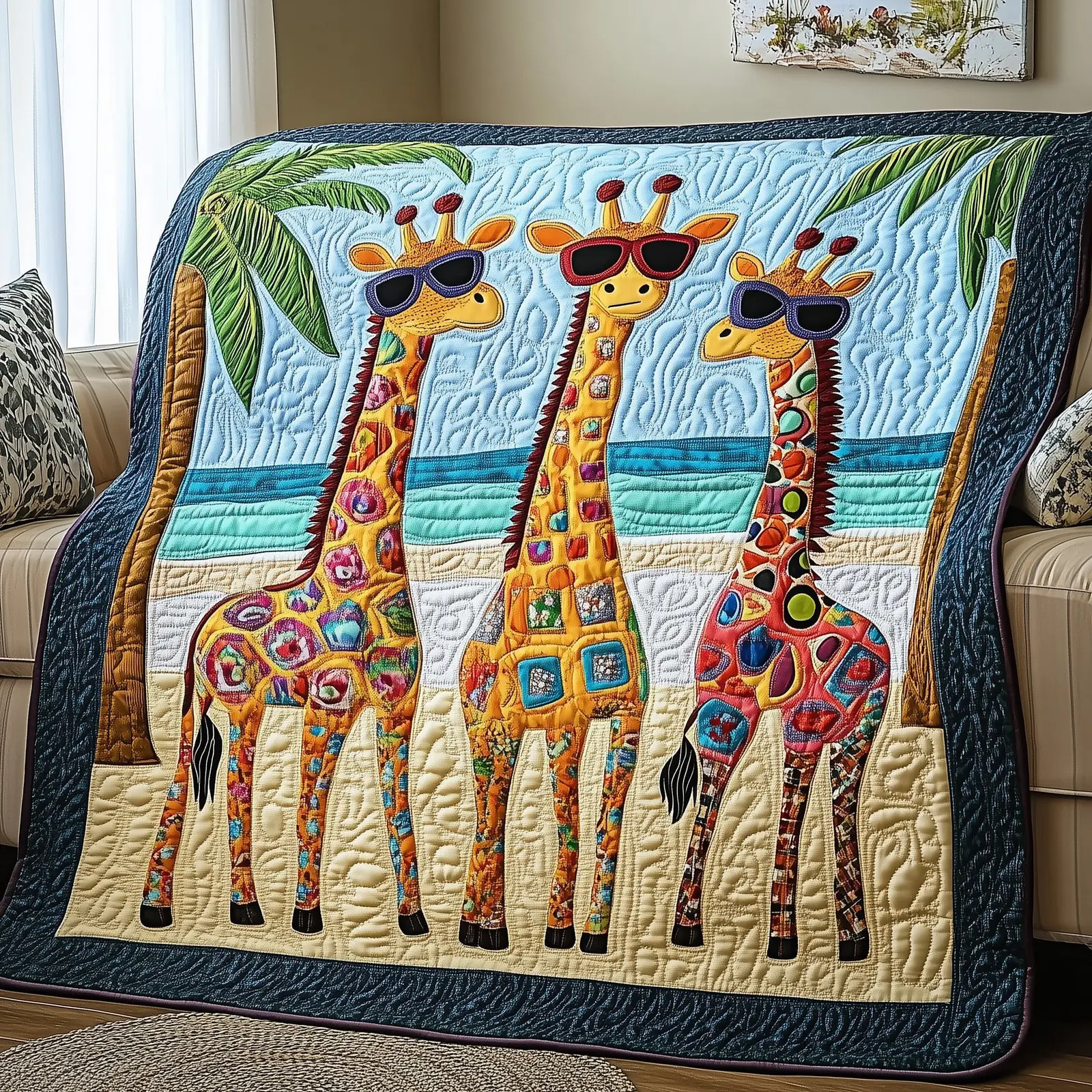 Beachside Giraffe Vibes Safari Quilted Blanket Stylish Wildlife Beach With Glasses Unusual Giraffe Gifts Beachside Giraffe Vibes Safari Quilted Blanket Stylish Wildlife Beach With Glasses Unusual Giraffe Gifts - Image 1
