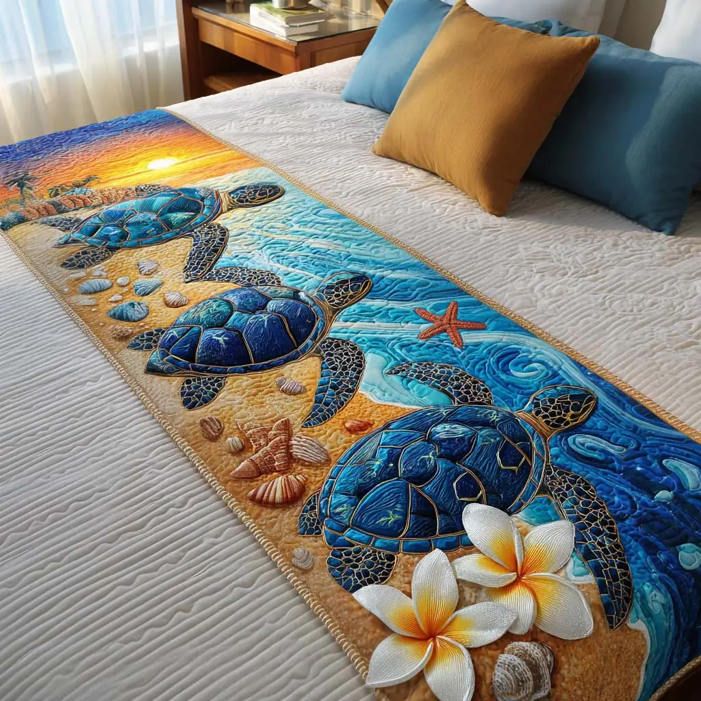 Beachy Turtle Dream Quilted Bed Runner Beach Turtle Dream Coastal Family Gift