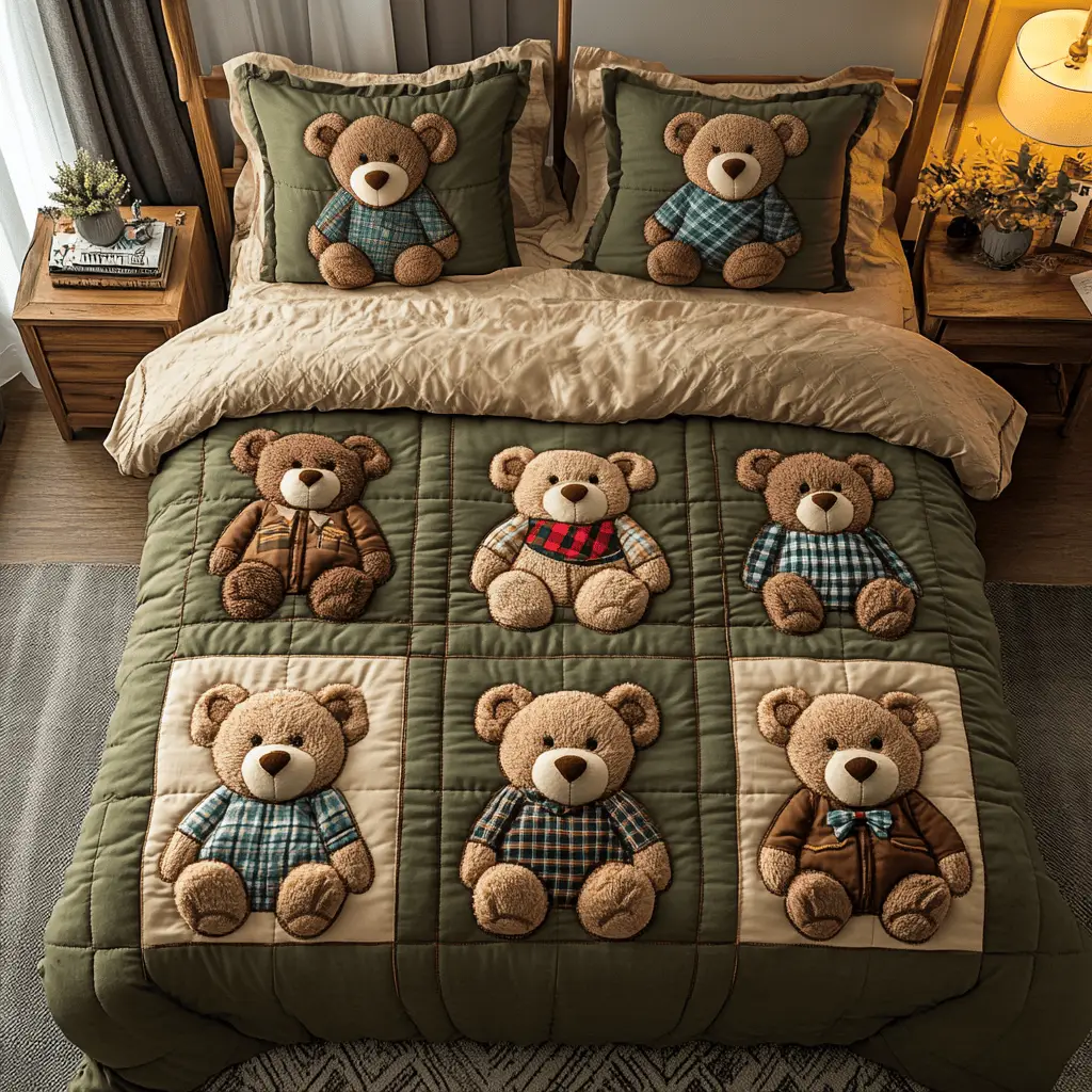 Bear Bliss Quilted Bedding Set Cute Room Decor Cute Bear Themed Gifts