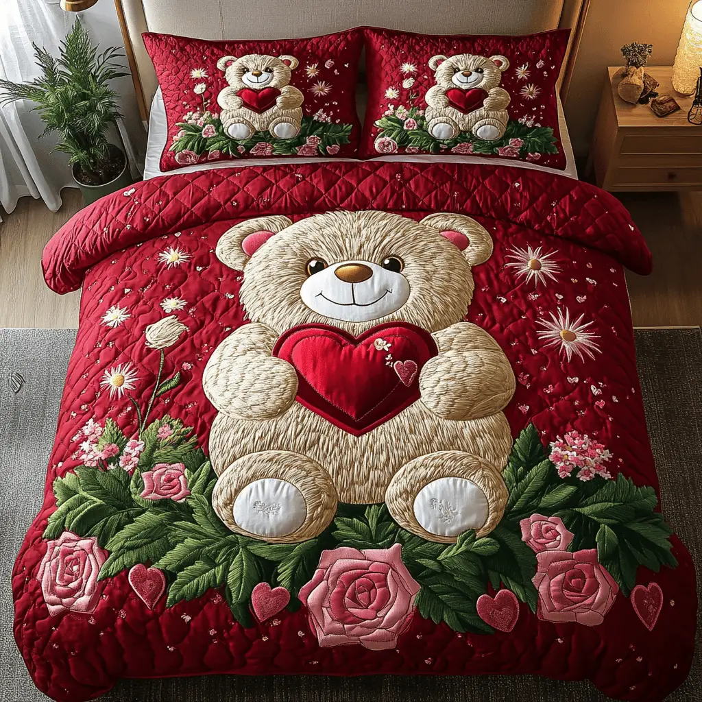 Bear Heartfelt Hugs Quilted Bedding Set Valentine Day Gifts Ideas For Daughter In Law