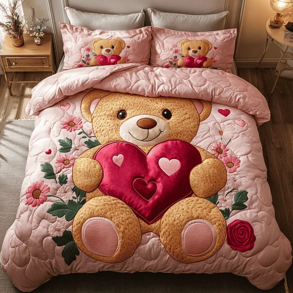 Bear Quilted Bedding Set Cuddle Bear Bliss Bedspread Set Valentine Gifts For Her