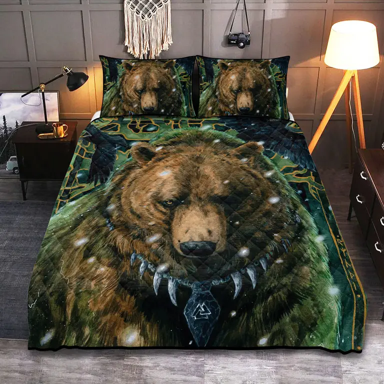 Bear Raven Valknut Quilted Bedding Set Bedroom Decorations Gifts For Vikings Fans Bear Raven Valknut Quilted Bedding Set Bedroom Decorations Gifts For Vikings Fans - Image 1