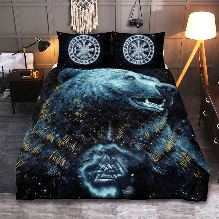 Bear Valknut Vegvisir Viking Quilted Bedding Set Bedroom Decor Gift For Father
