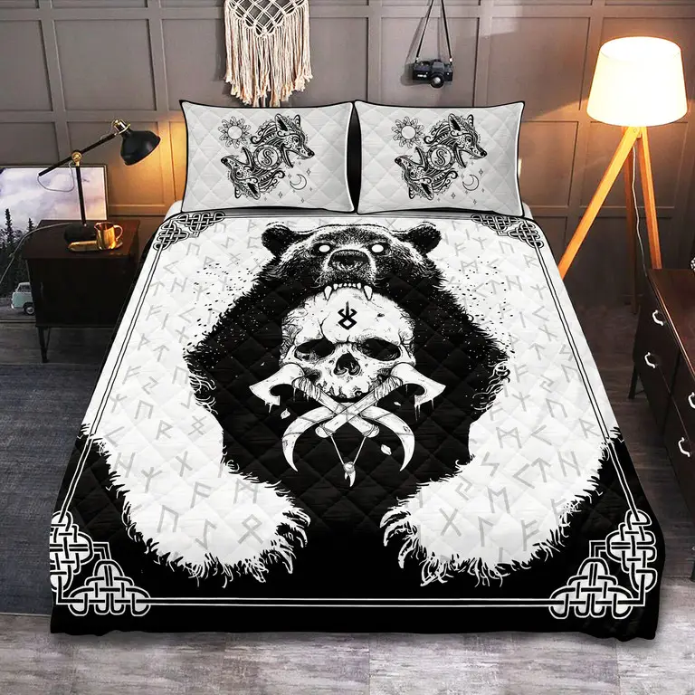 Bear Warrior Skull Berserker Viking Quilted Bedding Set Bedroom Decor Gift For Dad