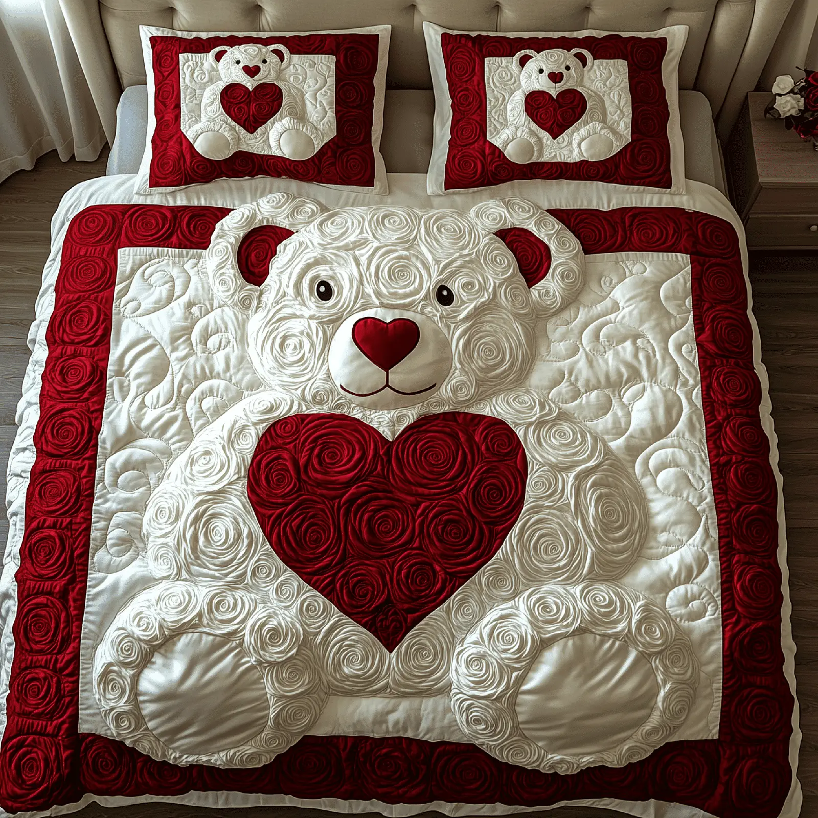 Bear White Roses Quilted Bedding Set Cute Bear Bed Sheet Set Valentine Gift Ideas For Girl Bear White Roses Quilted Bedding Set Cute Bear Bed Sheet Set Valentine Gift Ideas For Girl - Image 1