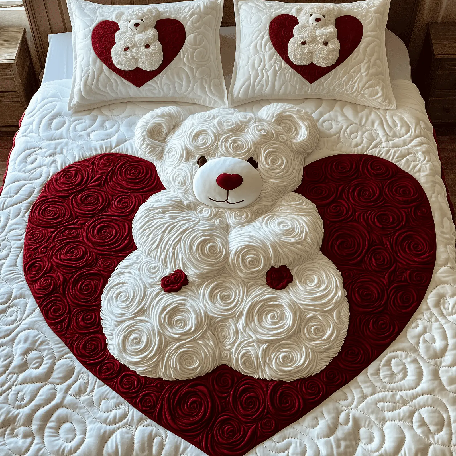 Bear White Roses Quilted Bedding Set Duvet Cover Ideas For Valentine Day Family Gifts