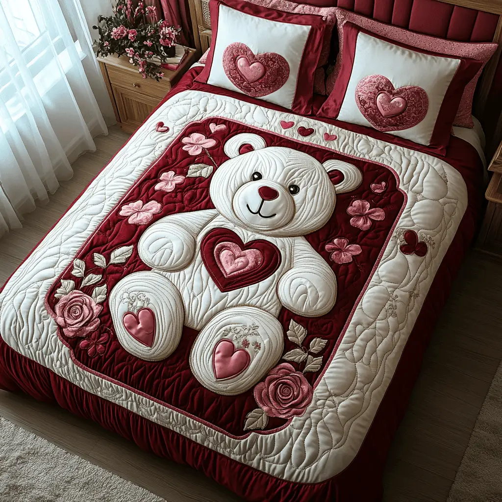 Bear With Flower Quilted Bedding Set Bear Valentine Day Presents For Flower Lovers Bear With Flower Quilted Bedding Set Bear Valentine Day Presents For Flower Lovers - Image 1