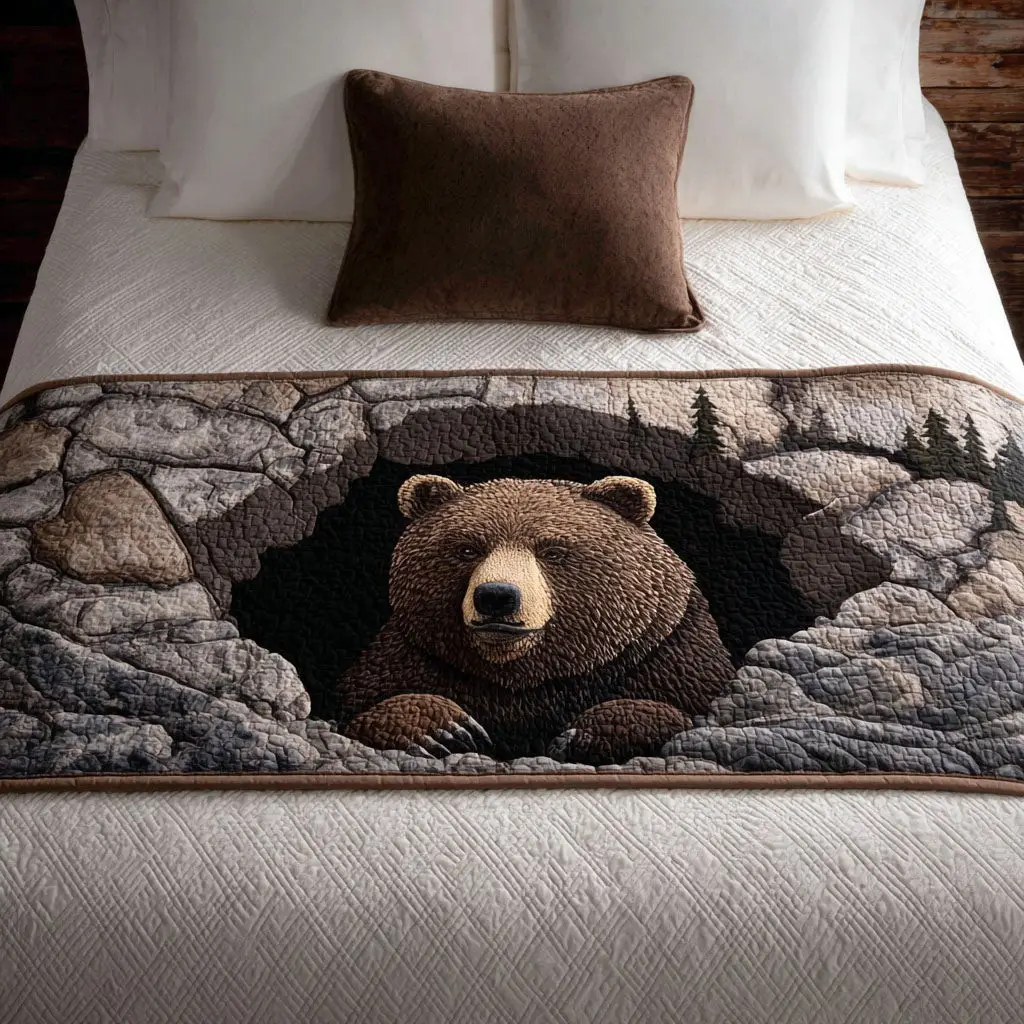 Bearclaw Bliss Quilted Bed Runner Bearclaw Patch Design Gift for Wildlife Lovers