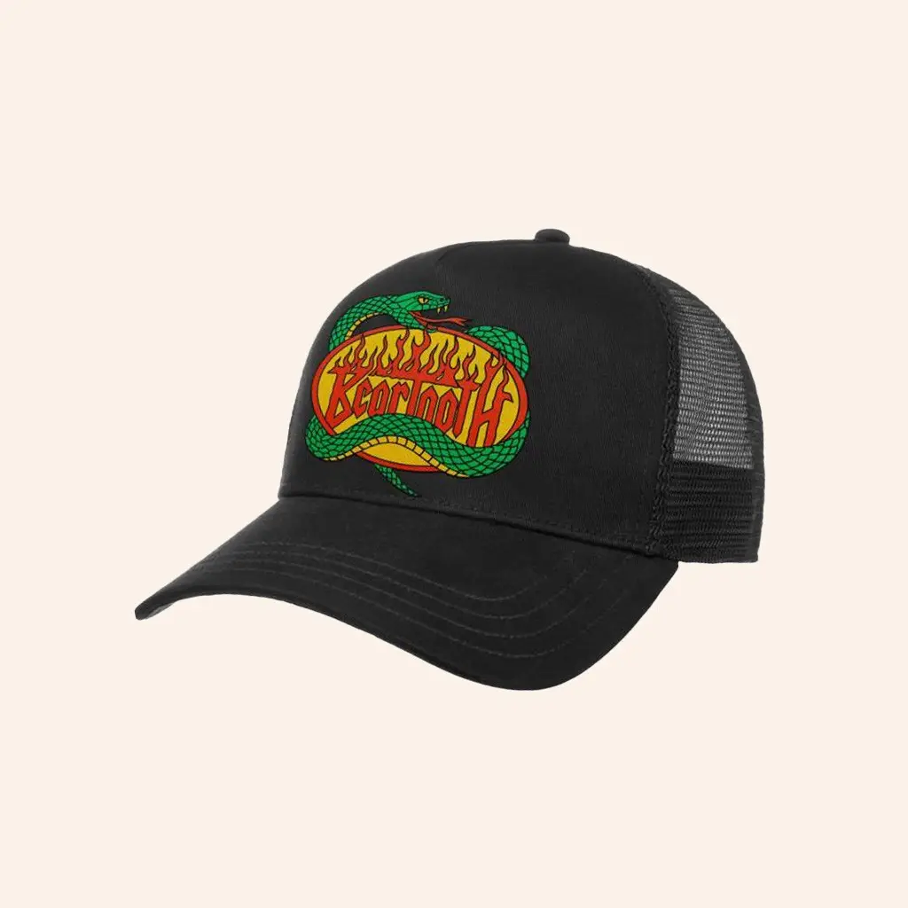 Beartooth Band Merch Flaming Snake Trucker Hat Christmas Present Ideas For Boyfriend -WearandDecor