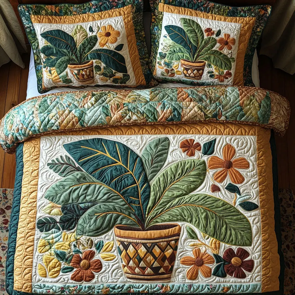 Beautiful Potted Plant Quilted Bedding Set Duvet Cover Bedspread Present Ideas For Her Beautiful Potted Plant Quilted Bedding Set Duvet Cover Bedspread Present Ideas For Her - Image 1