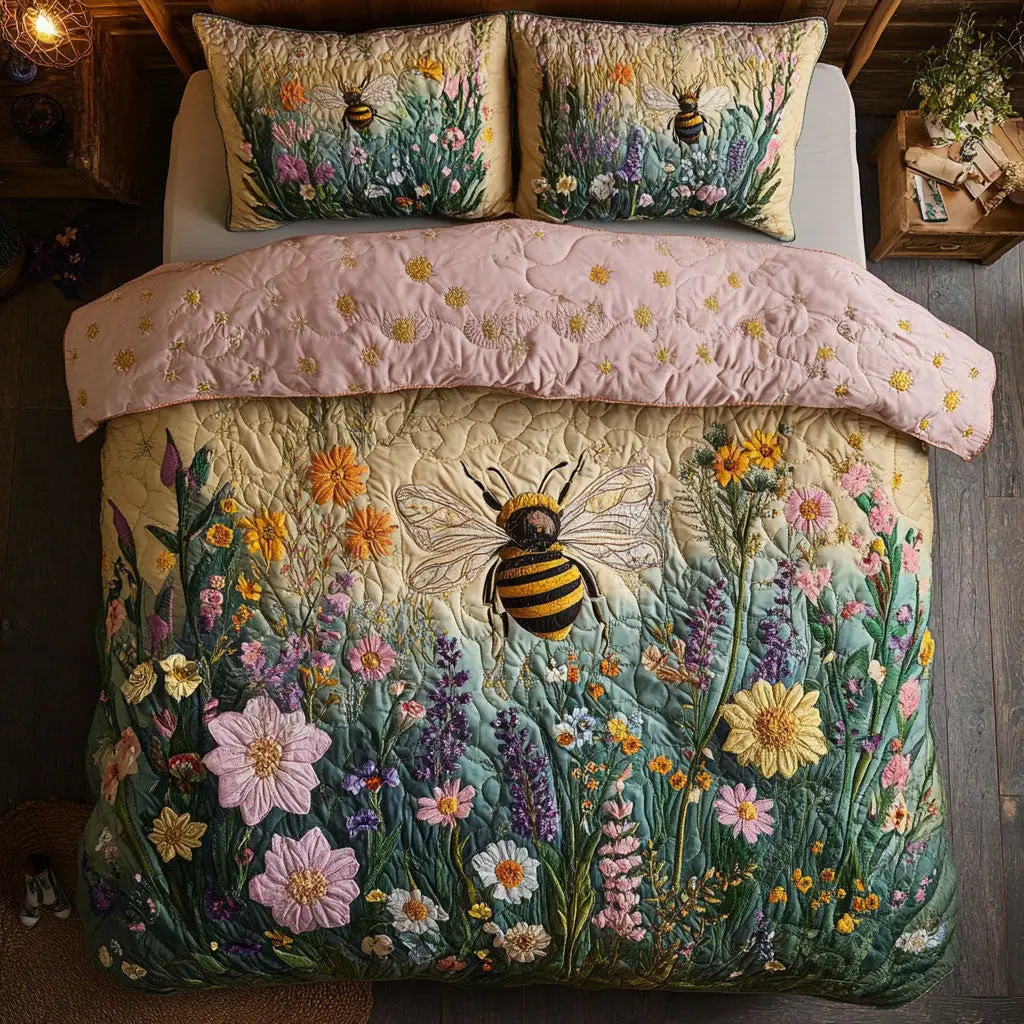 Bee Garden Quilted Bedding Set Duvet Cover Bedspread Presents For Men Bee Garden Quilted Bedding Set Duvet Cover Bedspread Presents For Men - Image 1