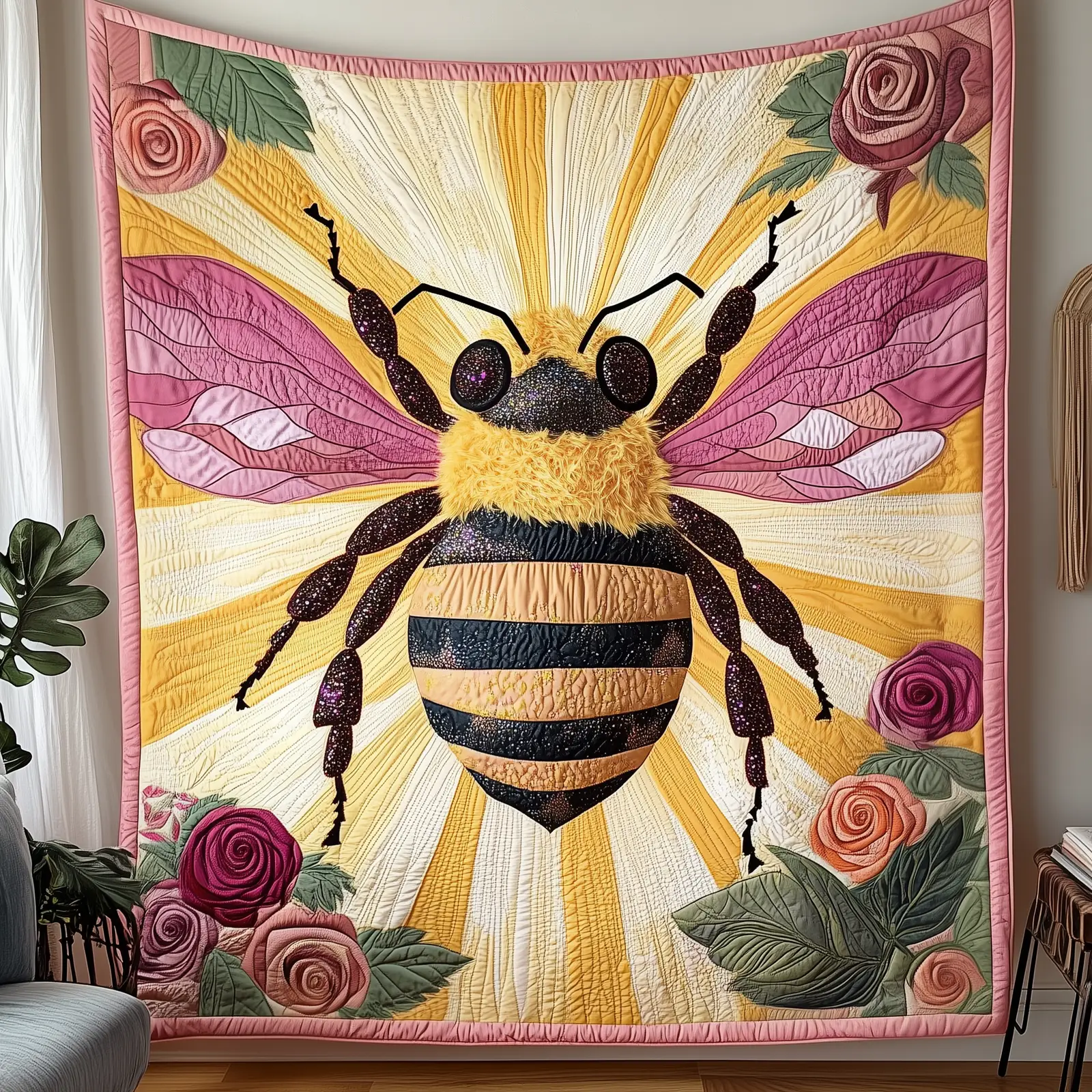 Bee In Bloom Flower Garden Quilted Blanket Pink Garden Quilt Present Ideas For Bee Lovers