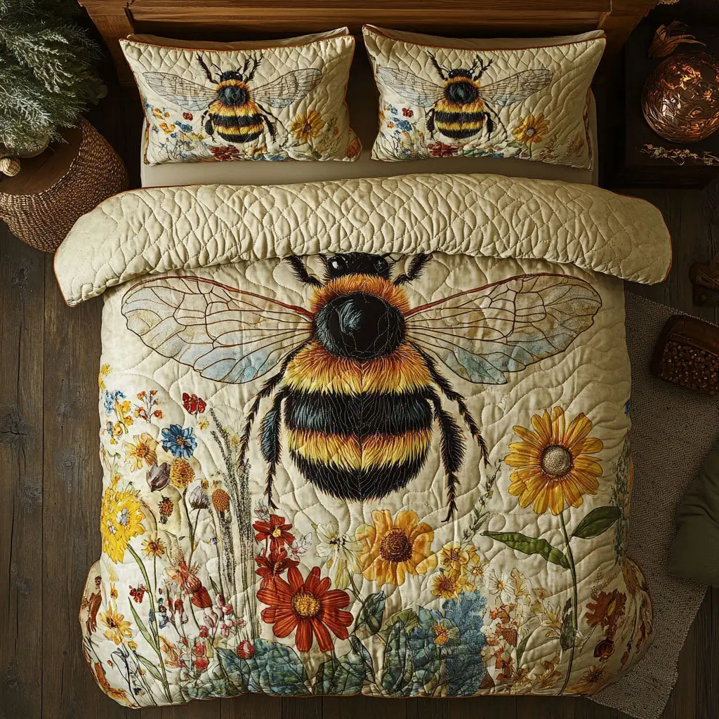 Bee Meadow Buzz Quilted Bedding Set Duvet Cover Bedspread Gifts For Dad And Mom