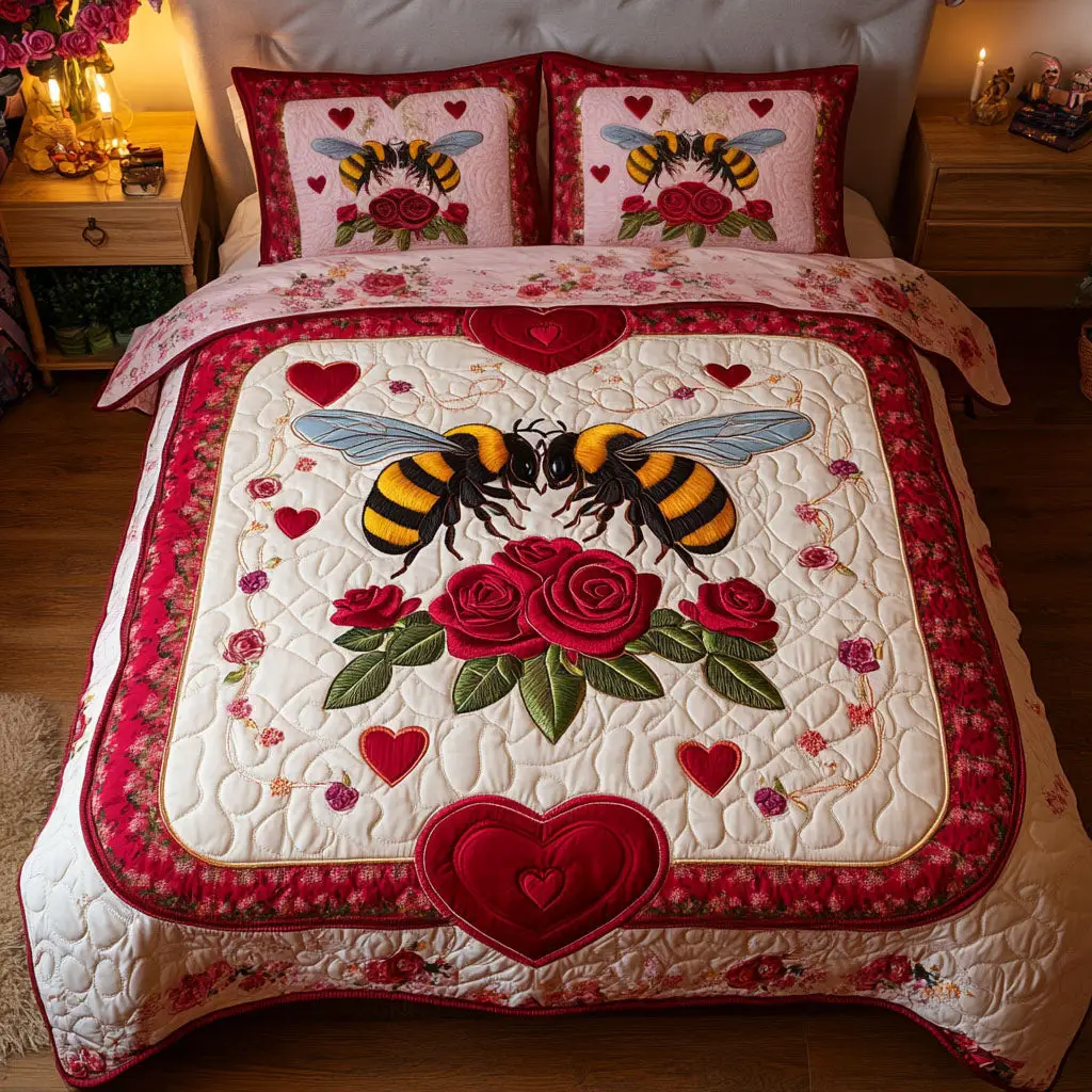 Bee Quilted Bedding Set Best Valentine Day Duvet Cover Gifts For Bee Lovers Bee Quilted Bedding Set Best Valentine Day Duvet Cover Gifts For Bee Lovers - Image 1