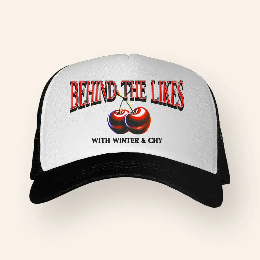 Behind The Likes Podcast Merch Btl Cherry Tour Trucker Hat Fans Gifts -WearandDecor Behind The Likes Podcast Merch Btl Cherry Tour Trucker Hat Fans Gifts -WearandDecor - Image 1