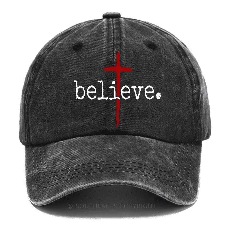 Believe Cross Print Christian Baseball Cap Sarcastic Graphic Tee for Men – Comical Shirt