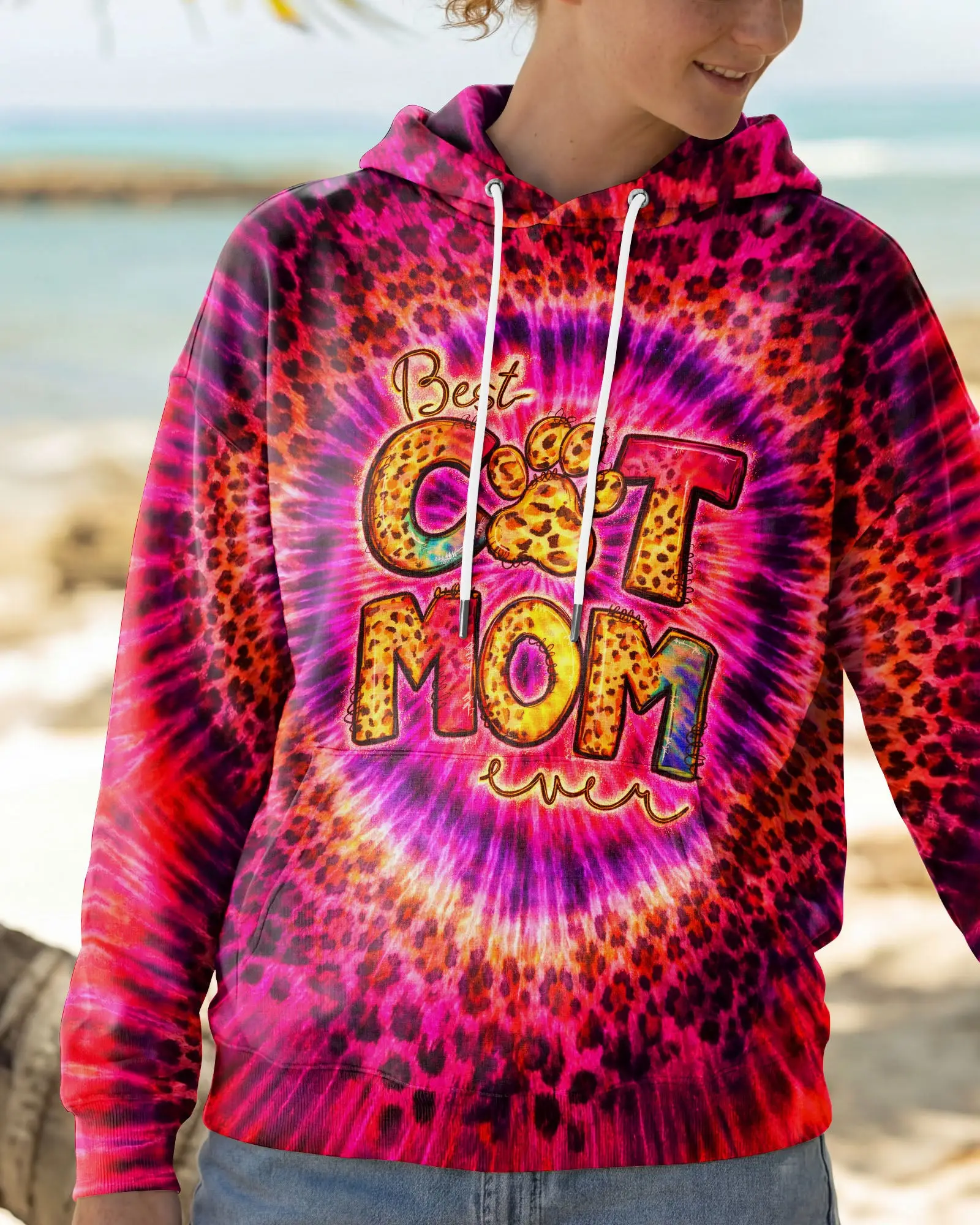Best Cat Mom Ever Leopard Swirl Tie Dye Hoodie Vibrant Colors Outfits Gift For Cat Lovers
