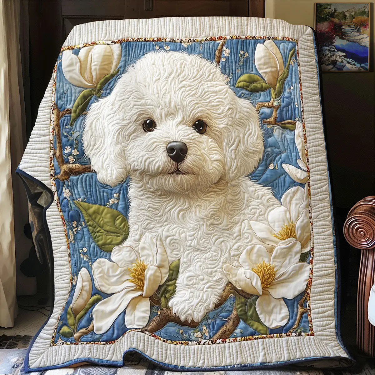 Bichon Frise Magnolia Flowers Quilt Blanket Floral Throw Blanket Gifts For Dog Lovers