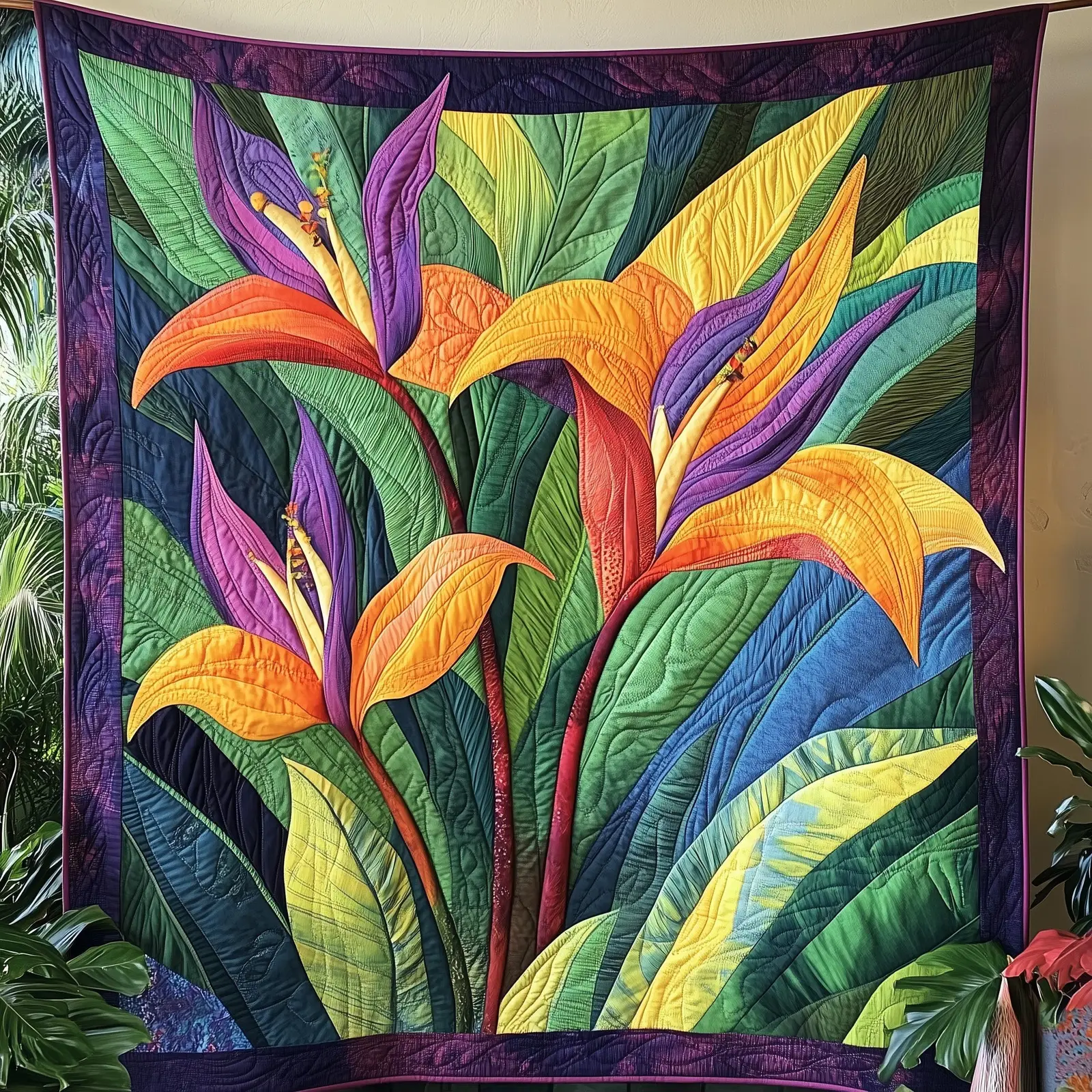 Bird Of Paradise Flower Motif Quilted Blanket Floral Theme Gift For Garden Lovers Bird Of Paradise Flower Motif Quilted Blanket Floral Theme Gift For Garden Lovers - Image 1