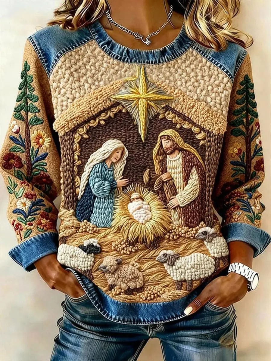 Birth Of Jesus Patchwork Long Sleeve Shirt Women Christian Apparel Best Gift For Her