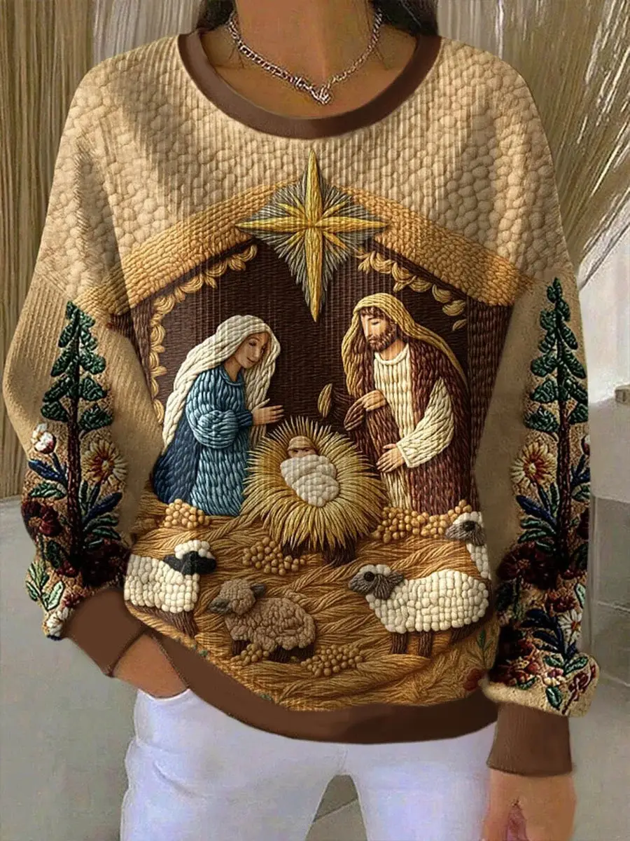 Birth Of Jesus Ribbed Sweatshirt Women Christian Faith Apparel Cute Shirts Best Gift For Her