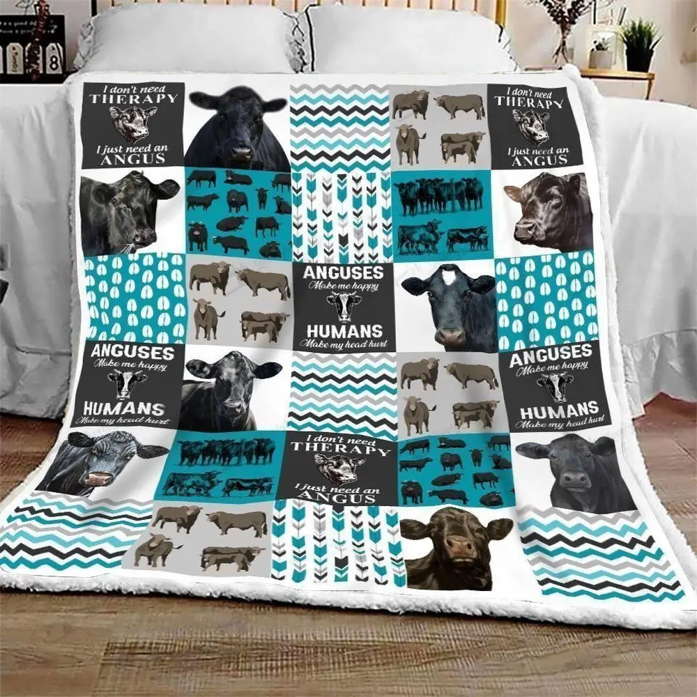 Black Angus Cow Blue All Printed 3D Blanket Farm Blanket Gift For Farmer