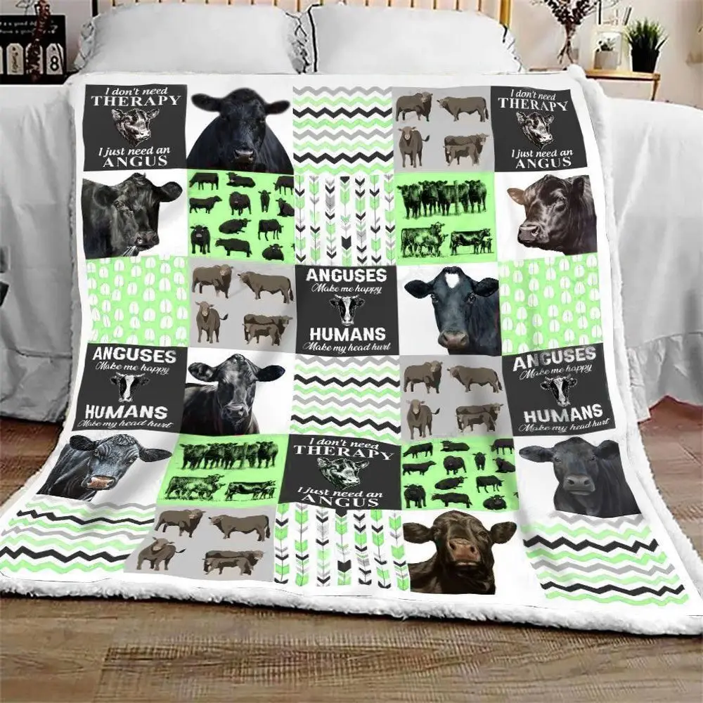 Black Angus Cow Green All Printed 3D Blanket Farm Blanket Gift For Farmer