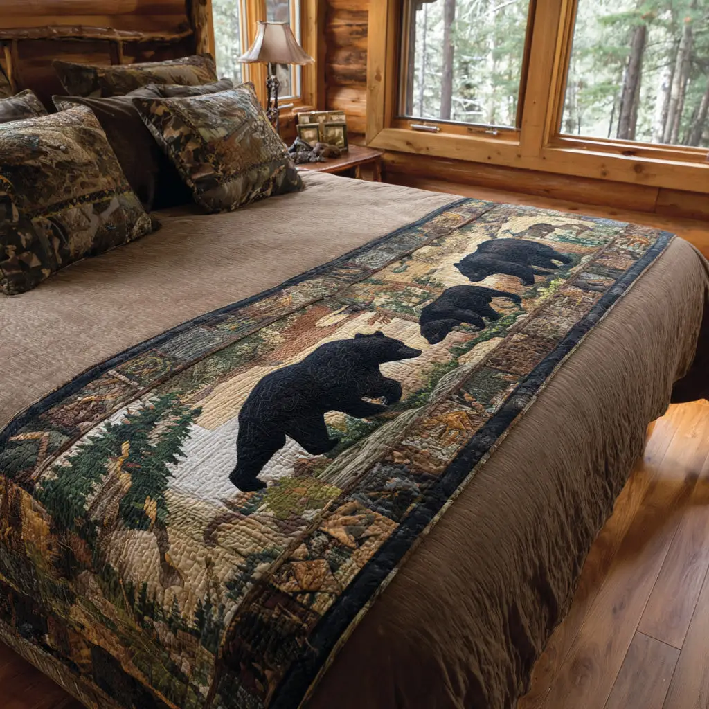 Black Bear Family Quilted Bed Runner Black Bear Family Trail Cabin Gift for Dad