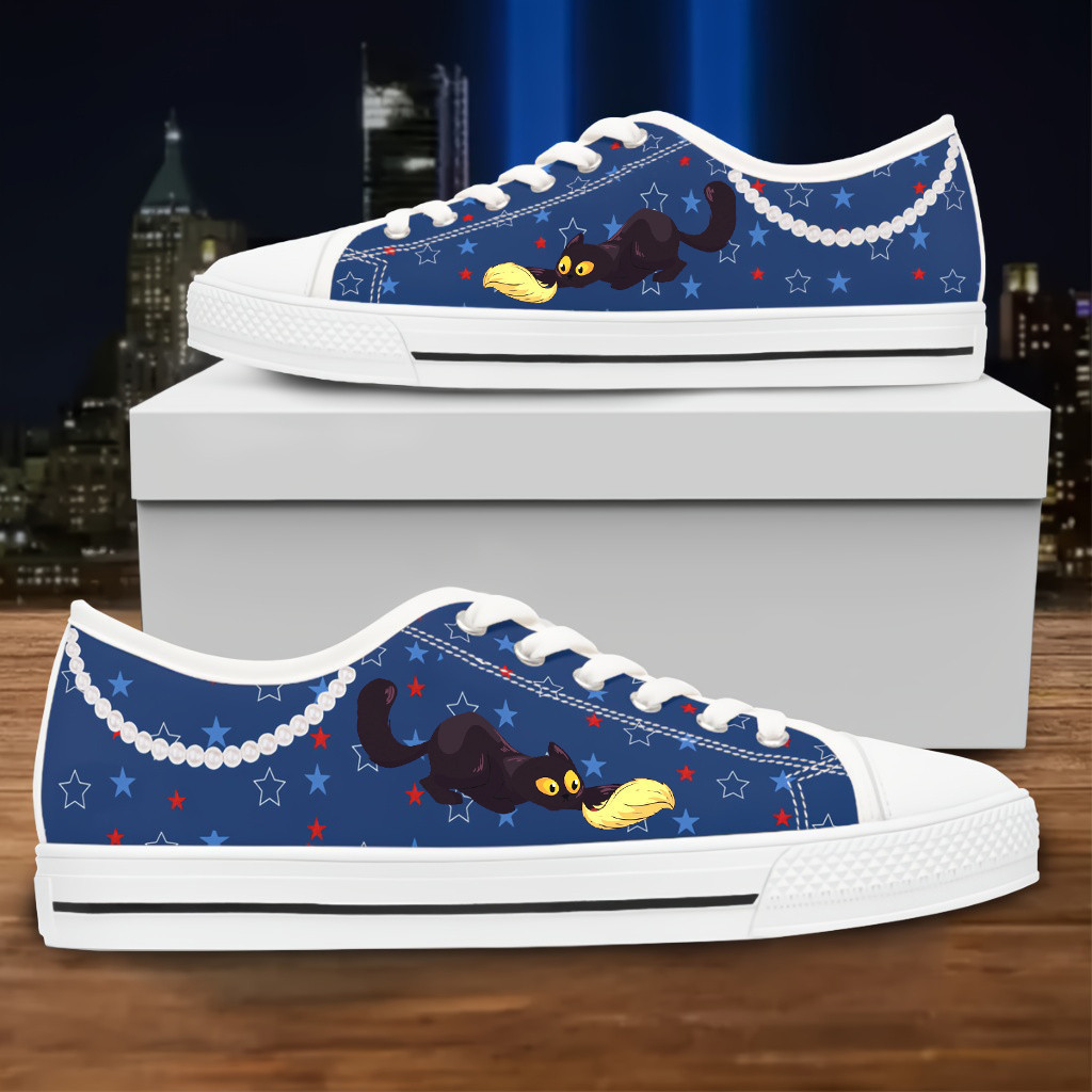 Black Cat Anti GOP Vote Blue Low Top Sneakers Kamala Harris Pearls Blue Low Top Shoes