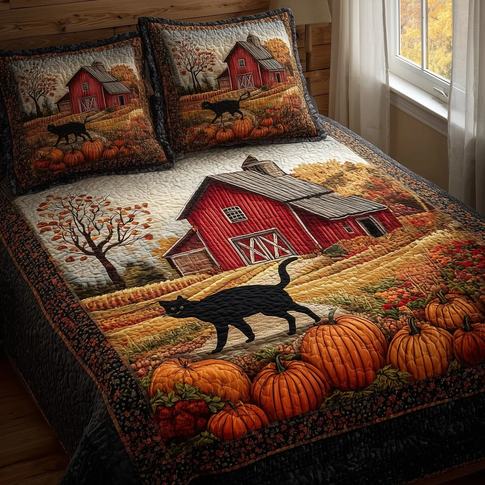 Black Cat Autumn Quilted Bedding Set Duvet Bed Set Pumpkin Black Cat Gifts For Her